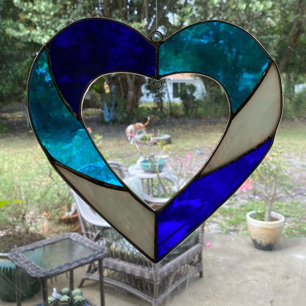 Hanging Blue Stained Glass Heart Sun Catcher - Picture 2 of 4